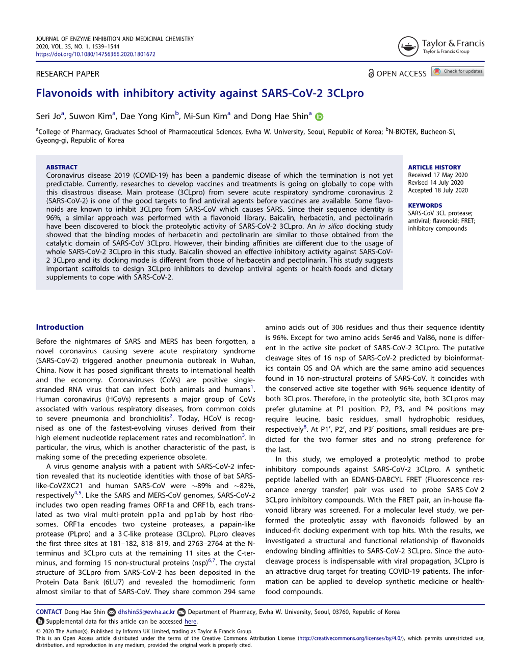 Flavonoids with Inhibitory Activity Against SARS-Cov-2 3Clpro