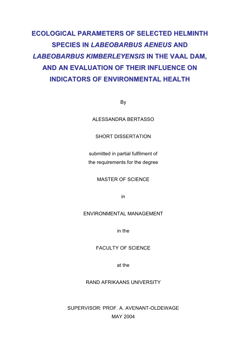 Ecological Parameters of Selected Helminth