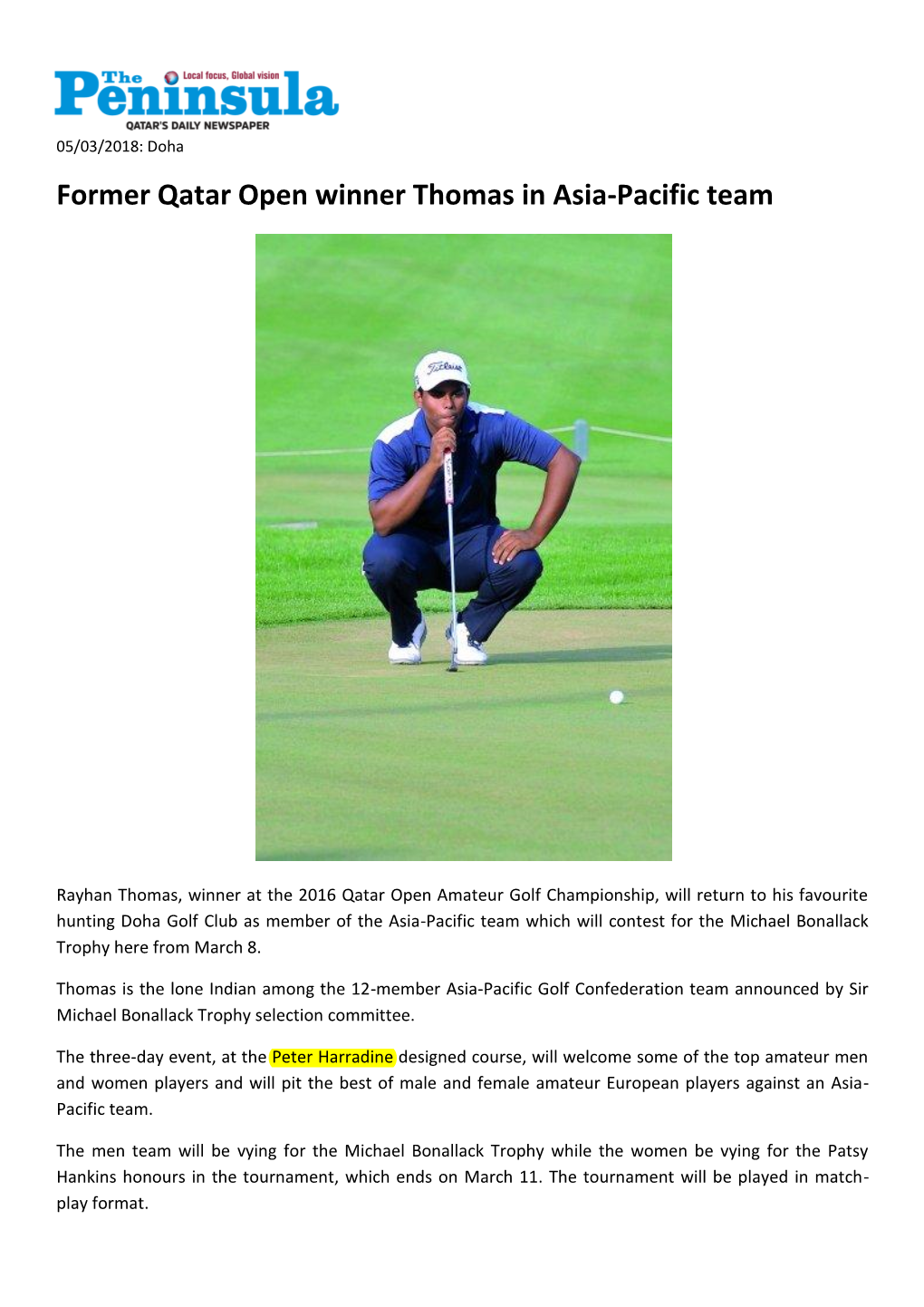 THE PENINSULA: Former Qatar Open Winner Thomas in Asia-Pacific Team