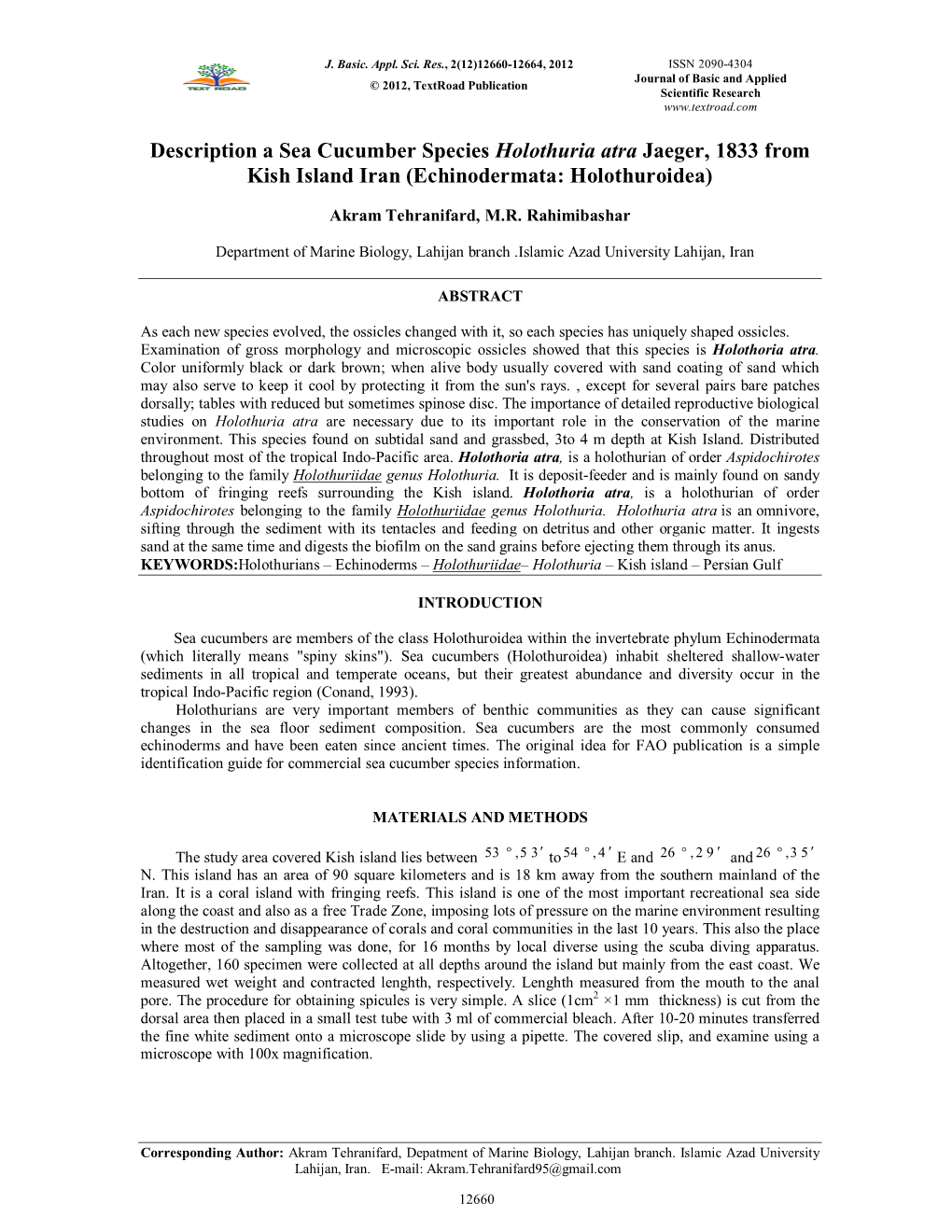 Description a Sea Cucumber Species Holothuria Atra Jaeger, 1833 from Kish Island Iran (Echinodermata: Holothuroidea)