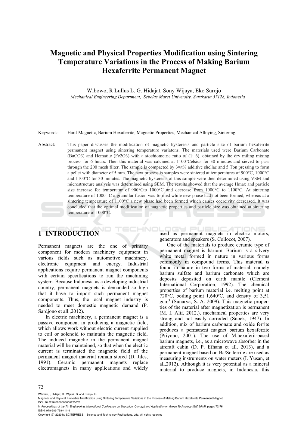 Magnetic and Physical Properties Modification Using Sintering Temperature Variations in the Process of Making Barium Hexaferrite Permanent Magnet