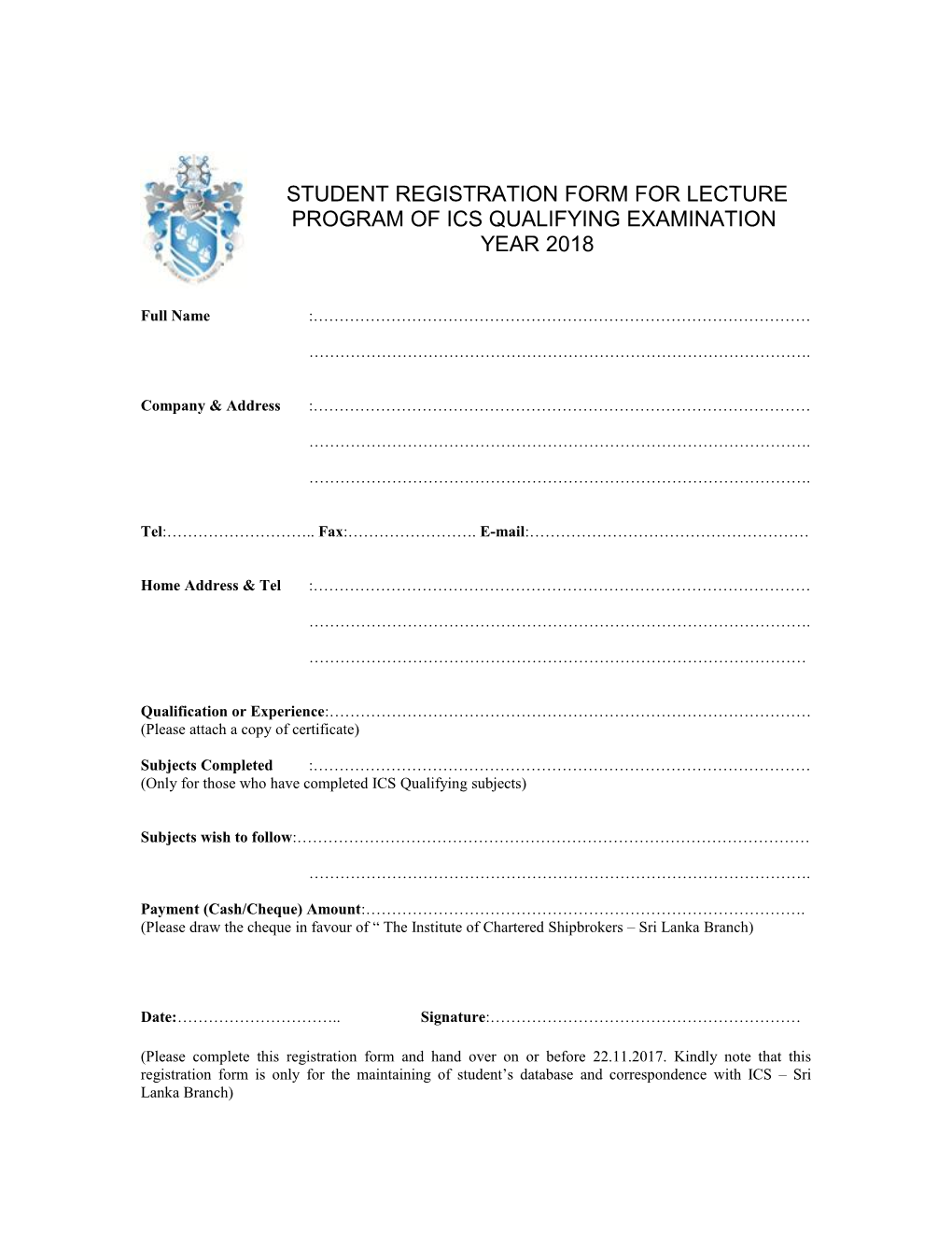 Student Registration from for Ics Qualifying Examination Year 2003