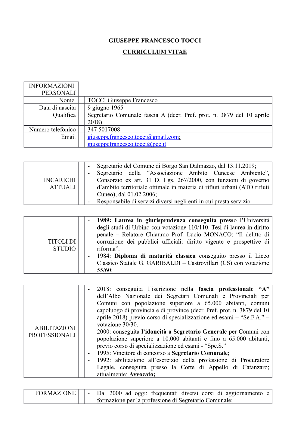 Giuseppe Francesco Tocci Curriculum Vitae