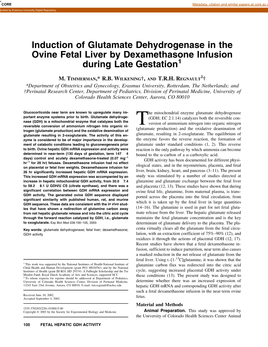 Induction of Glutamate Dehydrogenase in the Ovine Fetal Liver by Dexamethasone Infusion During Late Gestation1