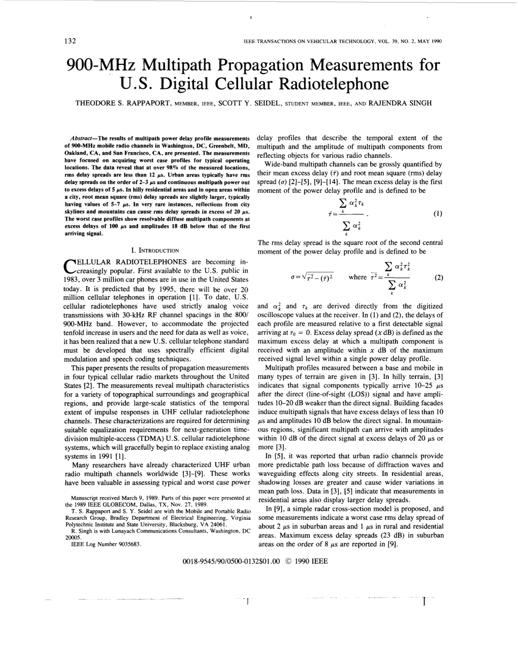 900-Mhz Multipath Propagation Measurements for US Digital Cellular Radiotelephone