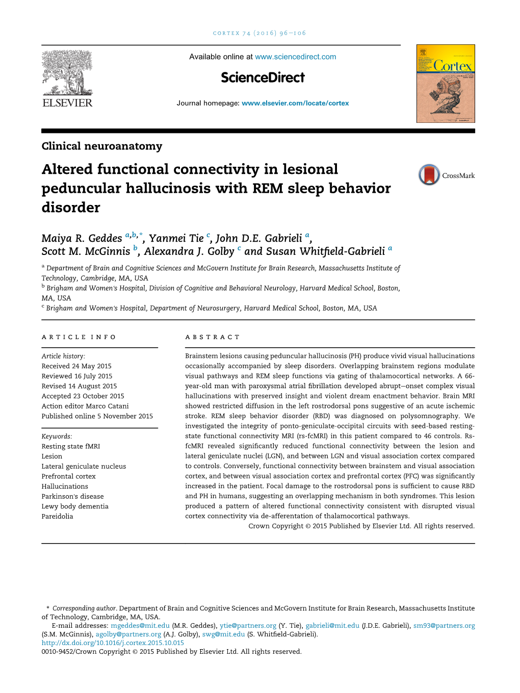 Altered Functional Connectivity in Lesional Peduncular Hallucinosis with REM Sleep Behavior Disorder