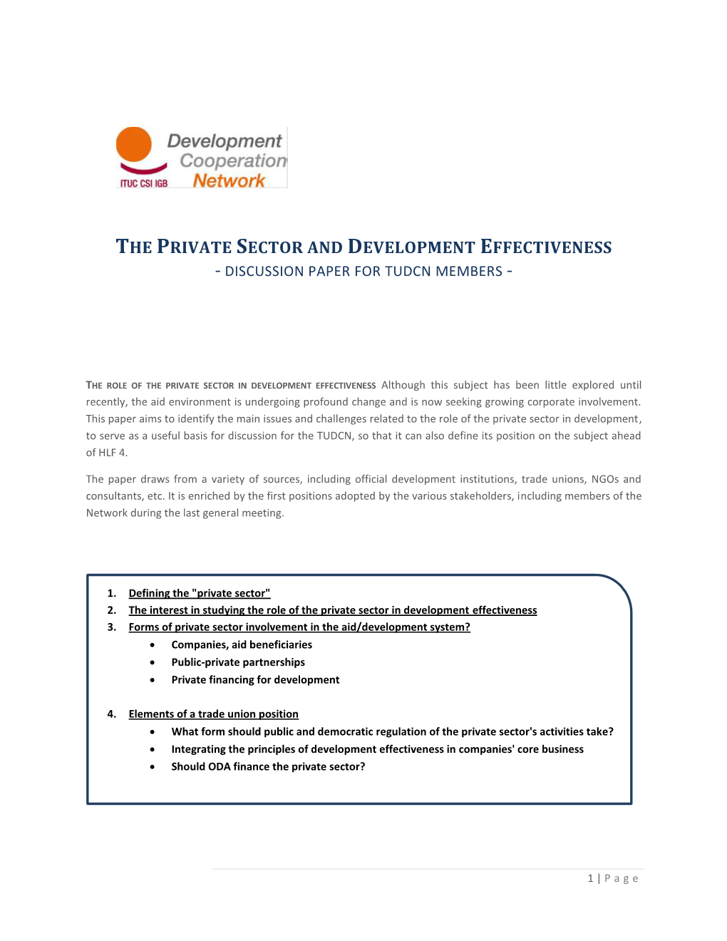 The Private Sector and Development Effectiveness - Discussion Paper for Tudcn Members