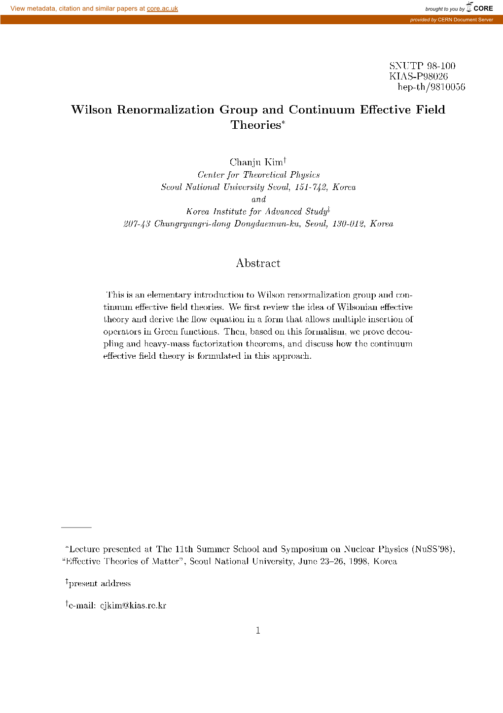 Wilson Renormalization Group and Continuum Effective Field Theories*