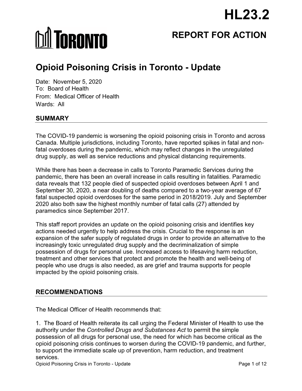 REPORT for ACTION Opioid Poisoning Crisis in Toronto