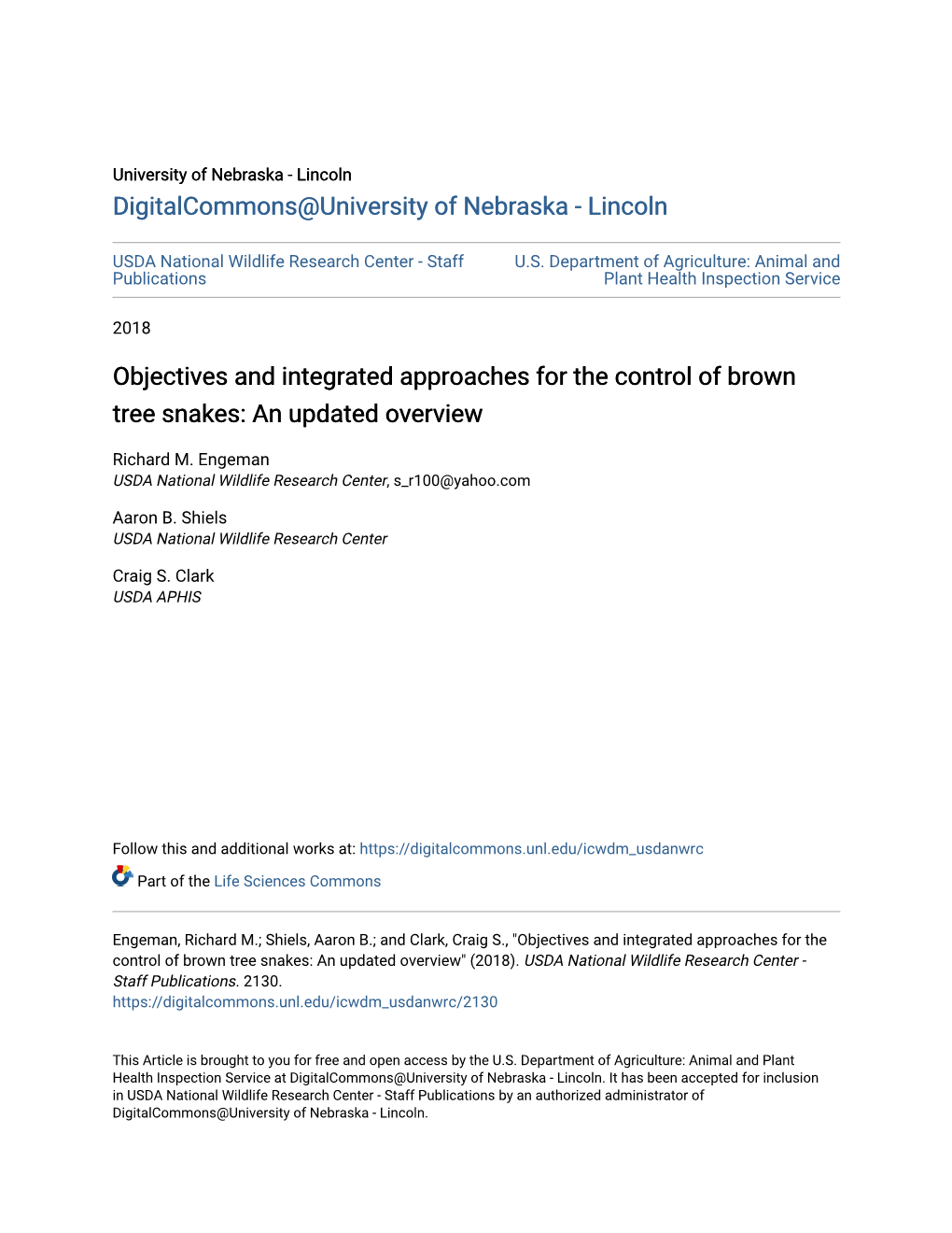 Objectives and Integrated Approaches for the Control of Brown Tree Snakes: an Updated Overview