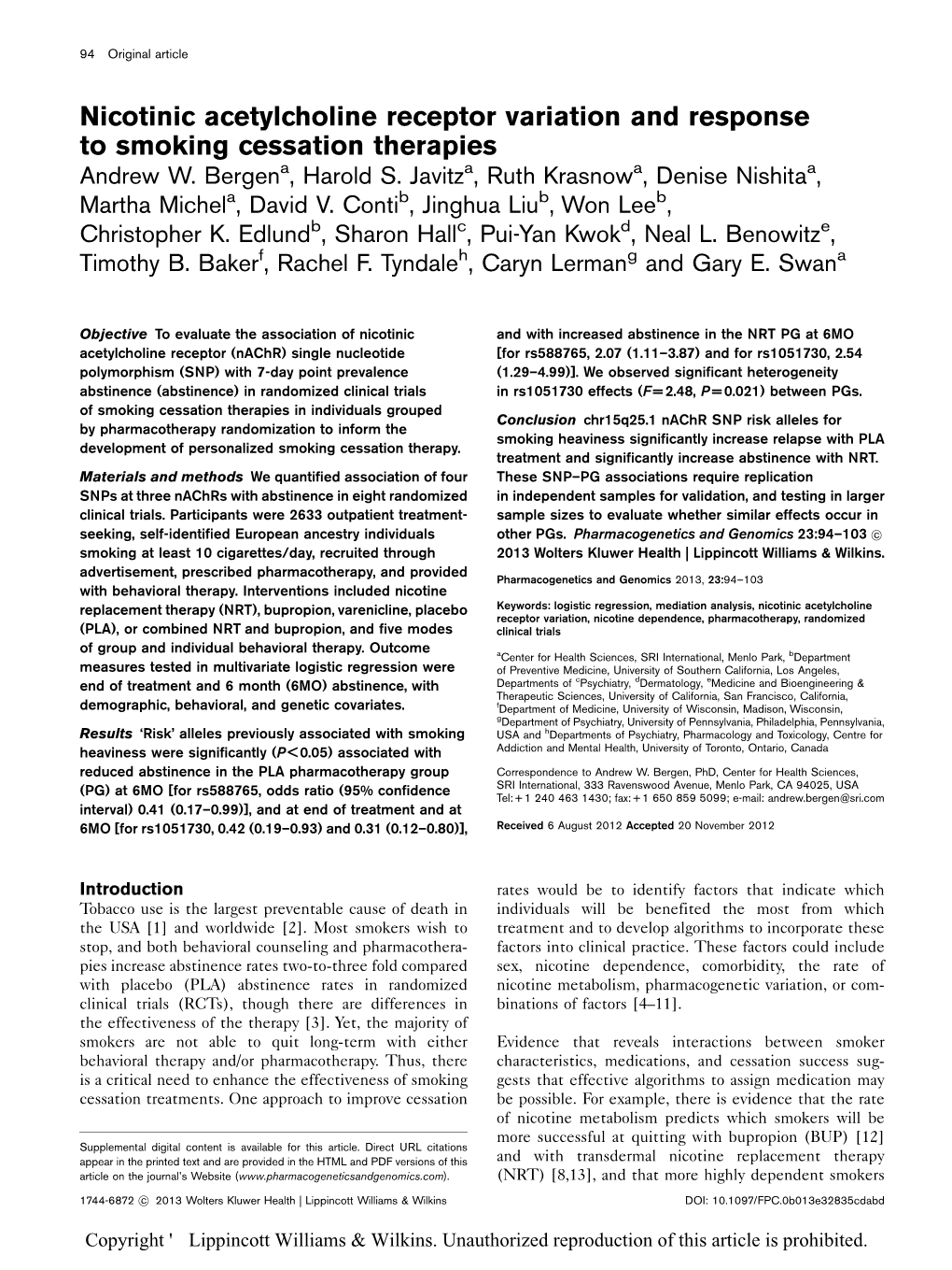 Nicotinic Acetylcholine Receptor Variation and Response to Smoking Cessation Therapies Andrew W