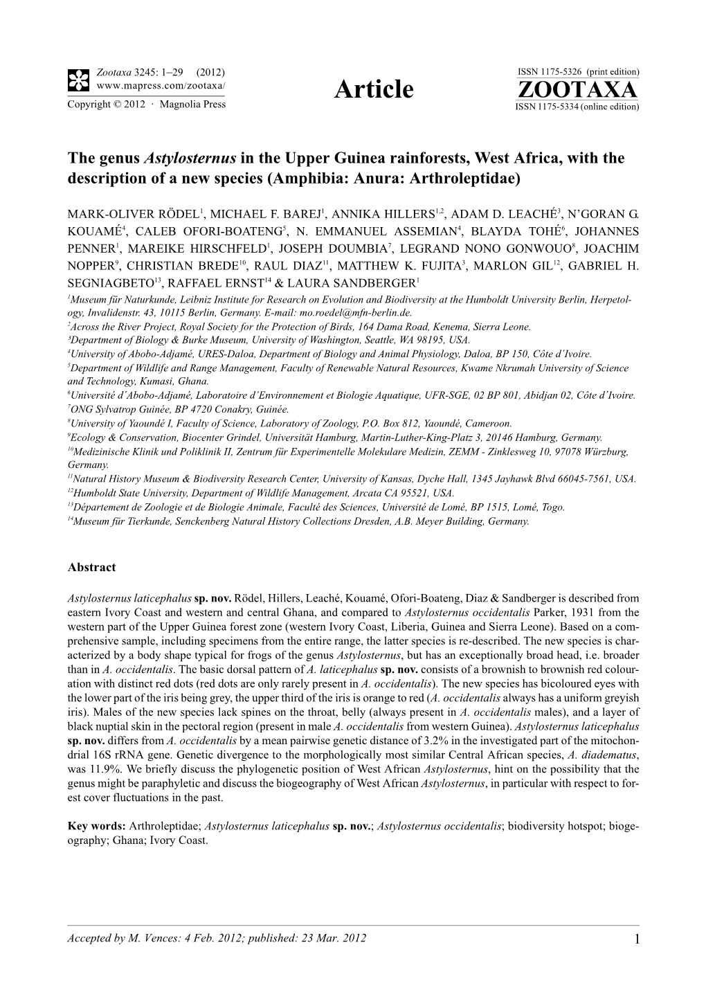 The Genus Astylosternus in the Upper Guinea Rainforests, West Africa, with the Description of a New Species (Amphibia: Anura: Arthroleptidae)