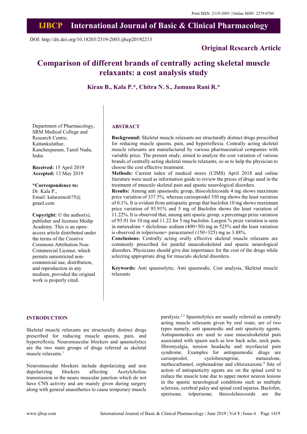 Original Research Article Comparison of Different Brands of Centrally Acting Skeletal Muscle Relaxants: a Cost Analysis Study