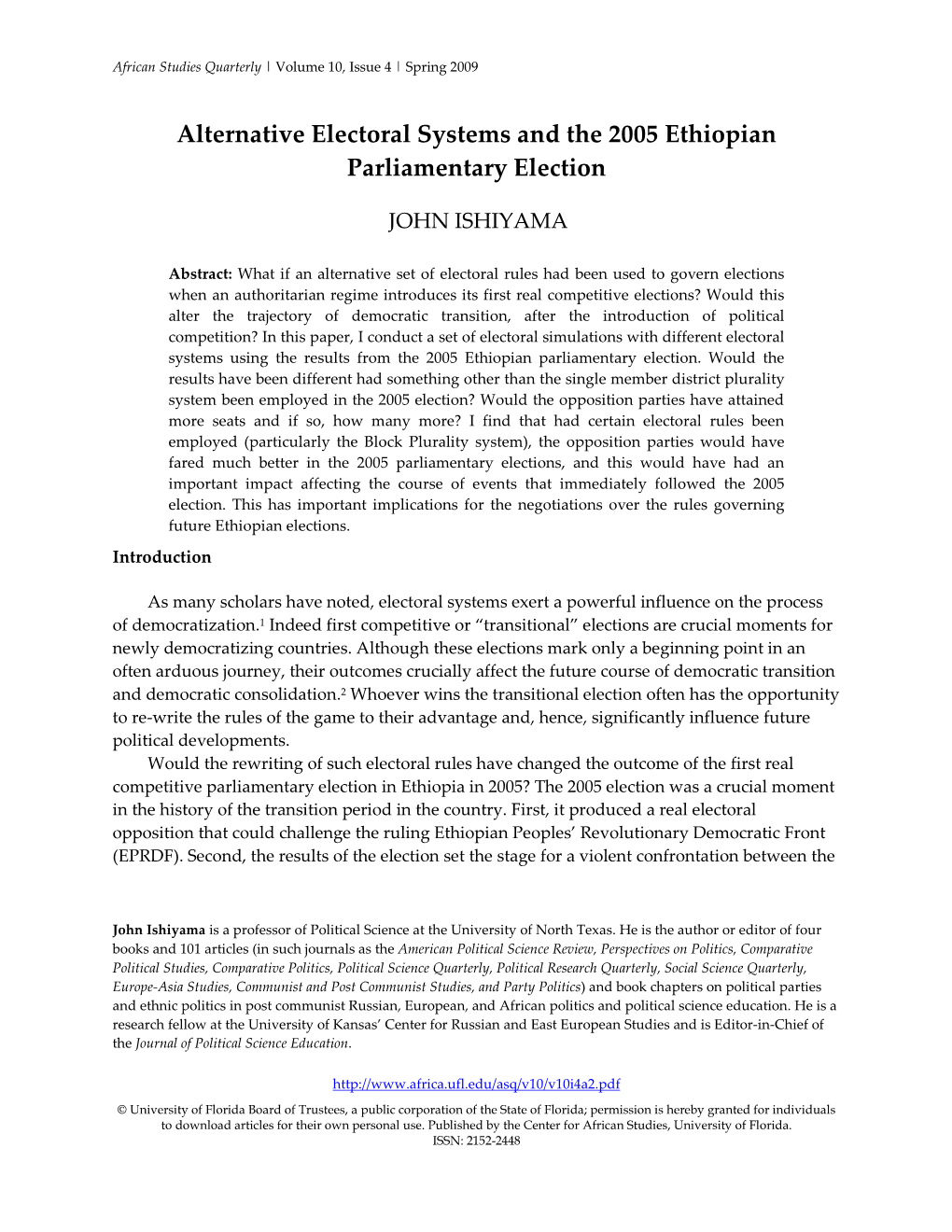 Alternative Electoral Systems and the 2005 Ethiopian Parliamentary Election