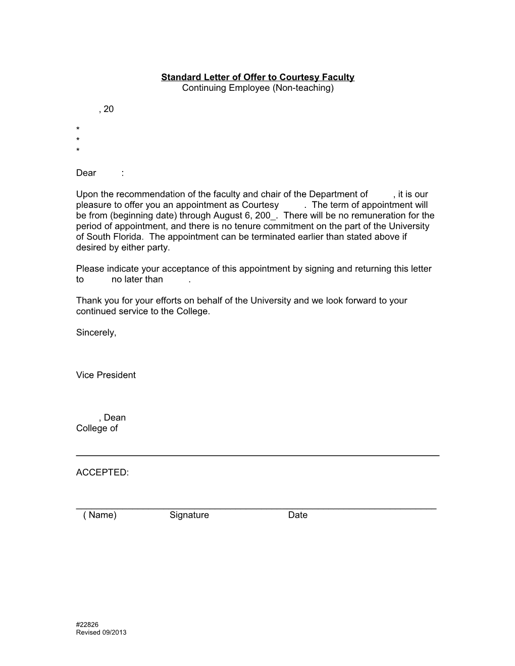 Standard Letter of Offer to Courtesy Faculty