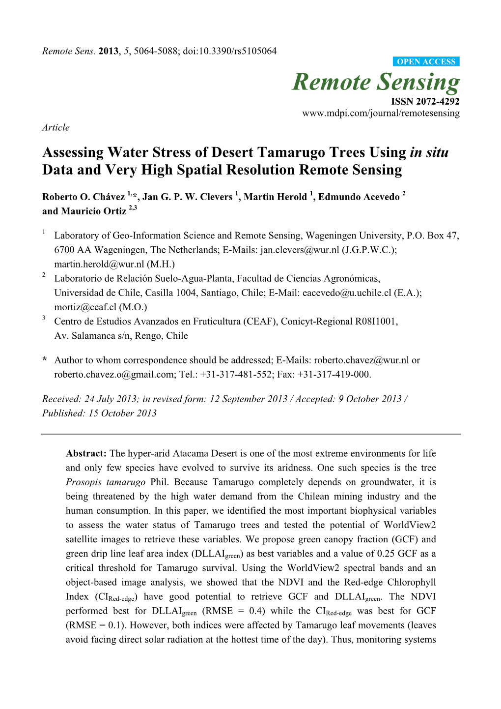 Assessing Water Stress of Desert Tamarugo Trees Using in Situ Data and Very High Spatial Resolution Remote Sensing