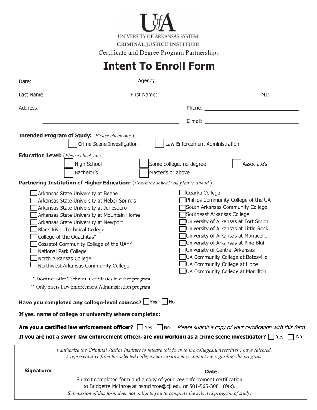 Intent to Enroll Form