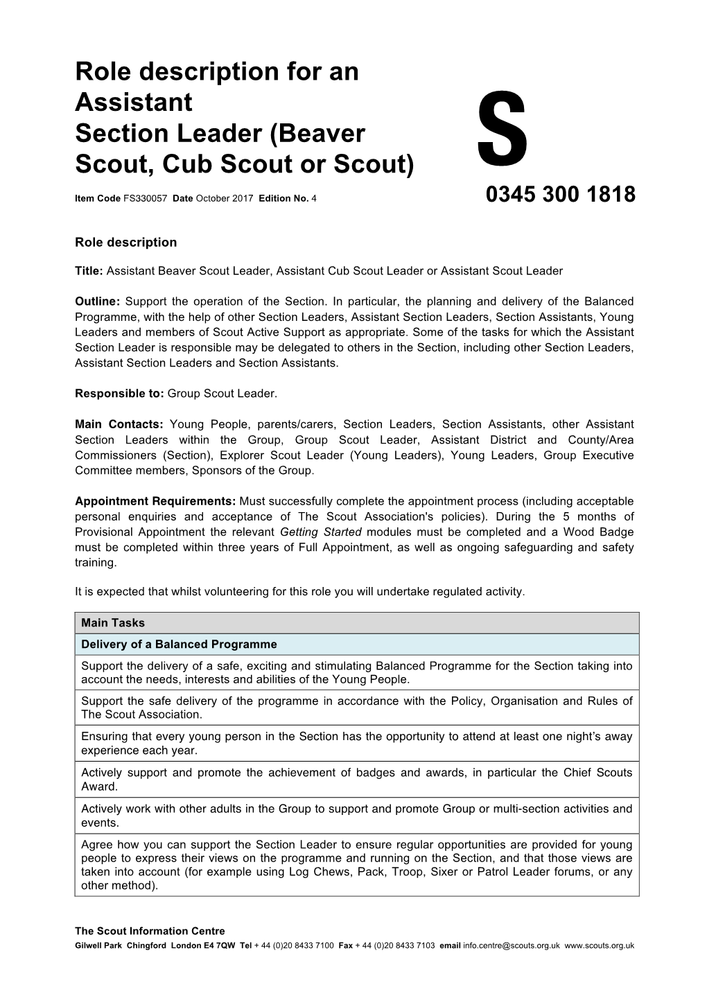 Role Description for an Assistant Section Leader (Beaver Scout, Cub Scout Or Scout) S Item Code FS330057 Date October 2017 Edition No