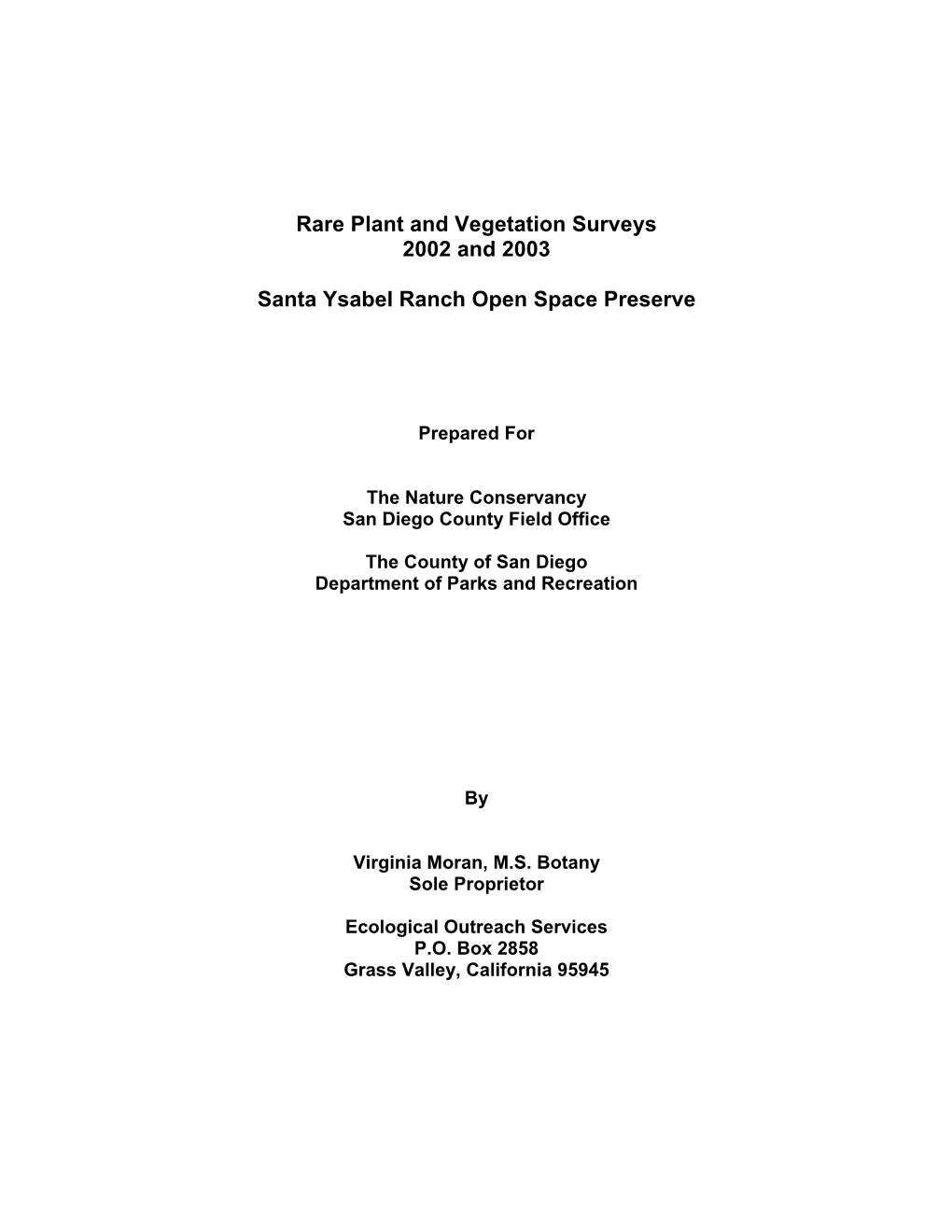 Rare Plant and Vegetation Surveys 2002 and 2003 Santa Ysabel