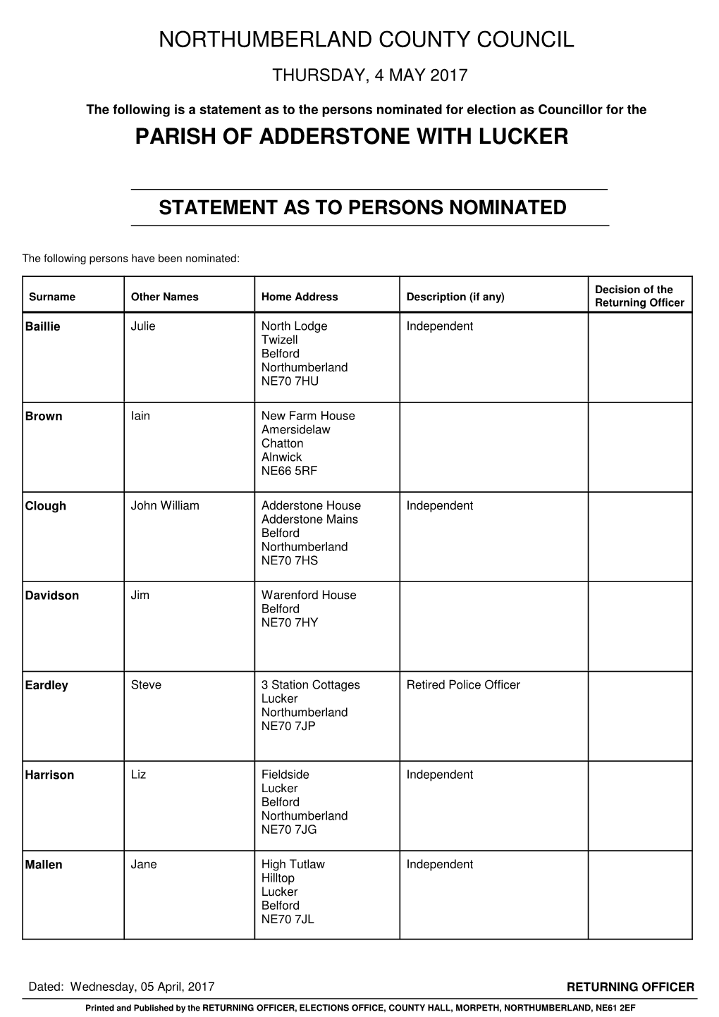 Northumberland County Council Thursday, 4 May 2017