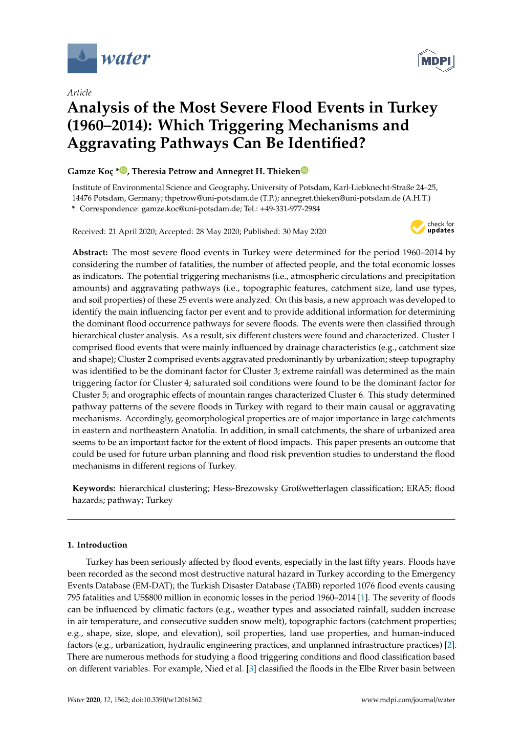 Analysis of the Most Severe Flood Events in Turkey (1960–2014): Which Triggering Mechanisms and Aggravating Pathways Can Be Identiﬁed?