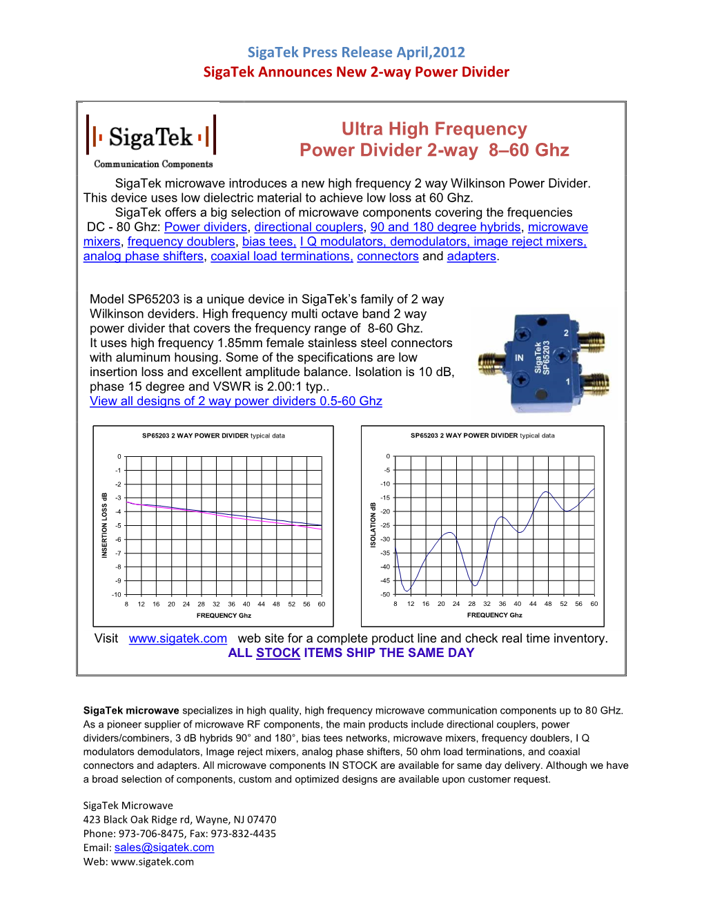 Ultra High Frequency 2 Way Power Divider 8-60