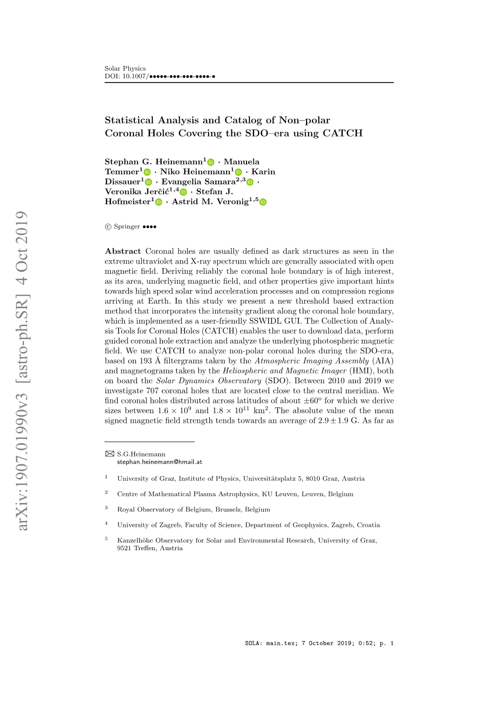 Statistical Analysis and Catalog of Non-Polar Coronal Holes Covering