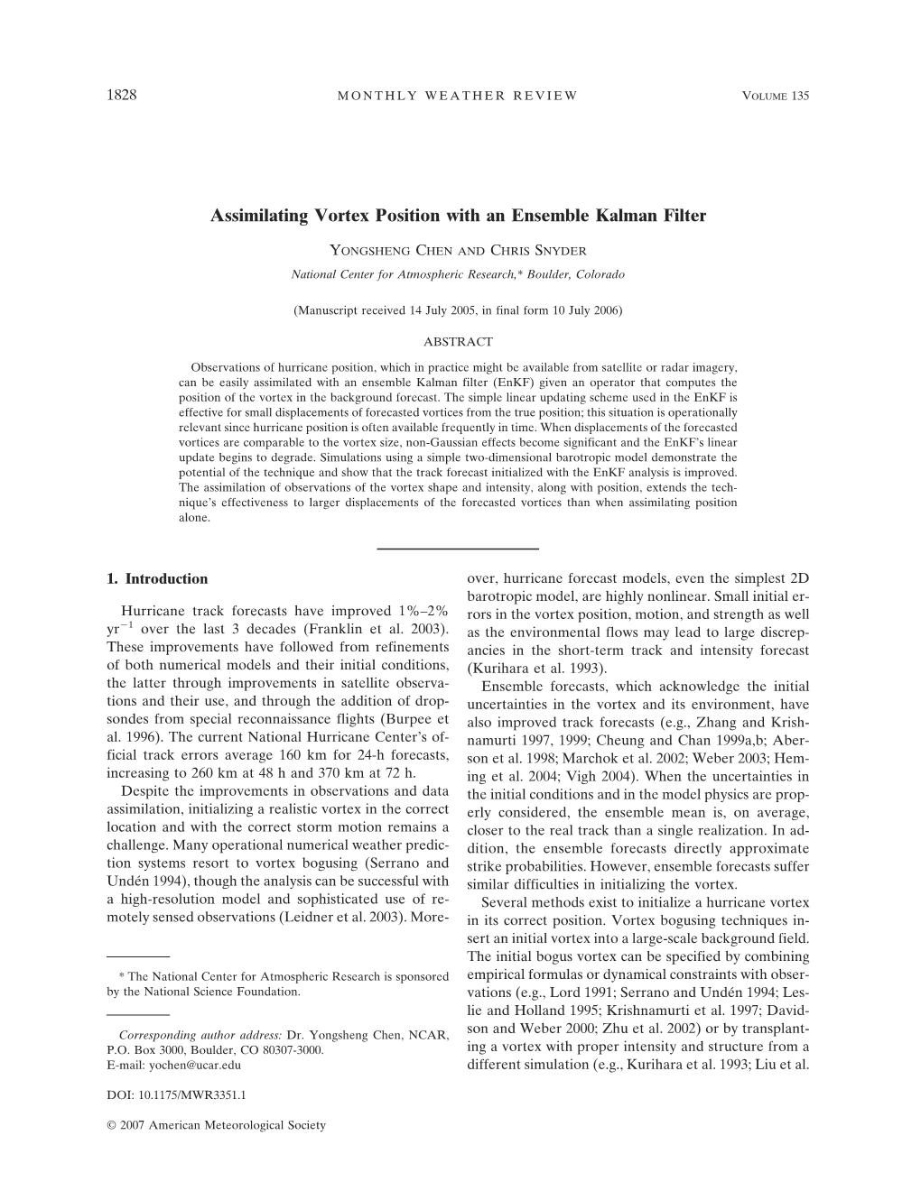 Assimilating Vortex Position with an Ensemble Kalman Filter