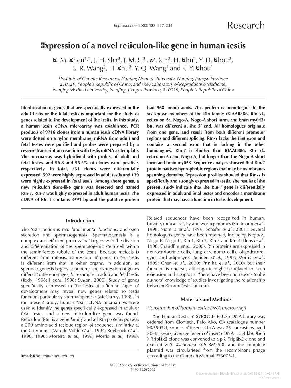 Expression of a Novel Reticulon-Like Gene in Human Testis