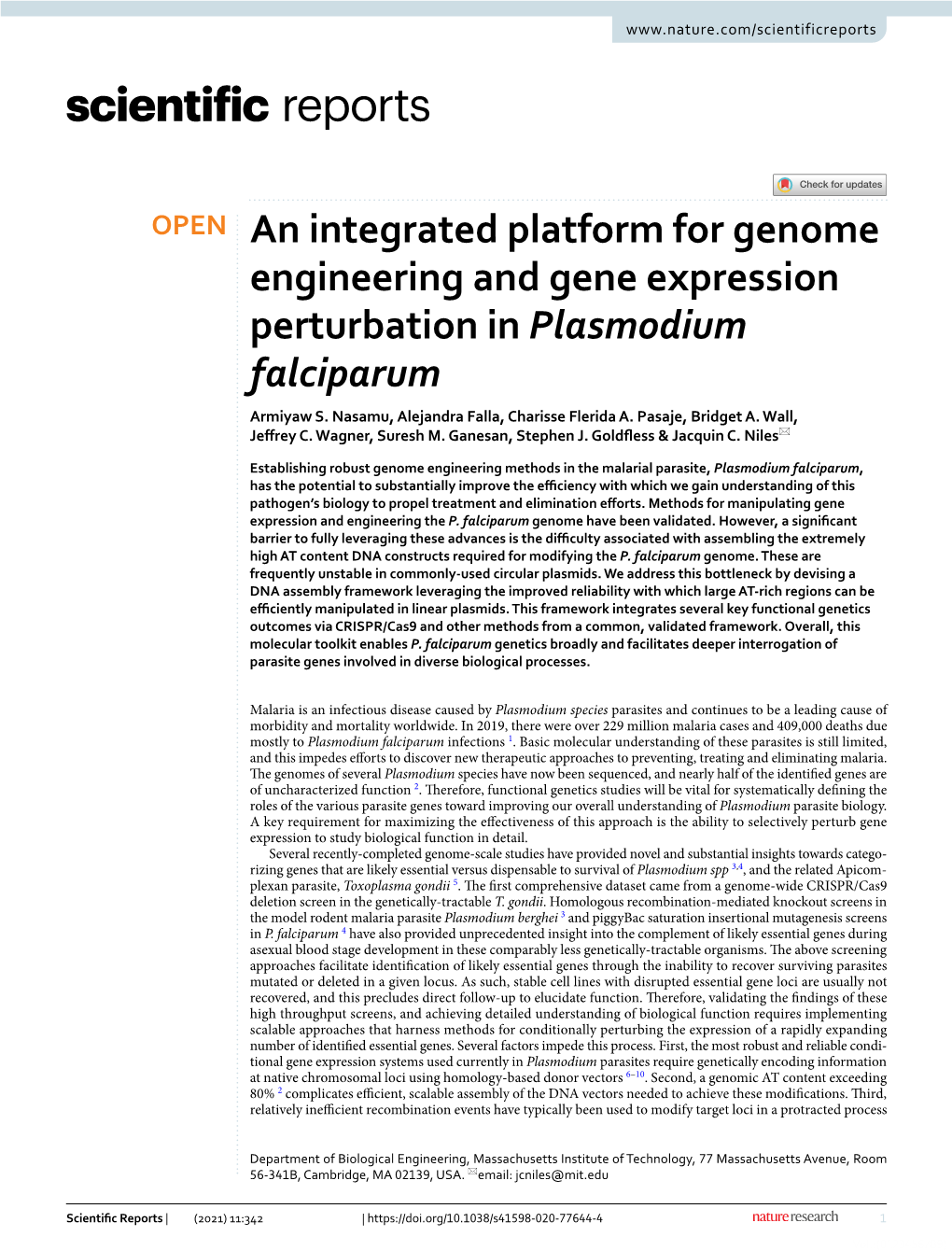 An Integrated Platform for Genome Engineering and Gene Expression Perturbation in Plasmodium Falciparum Armiyaw S