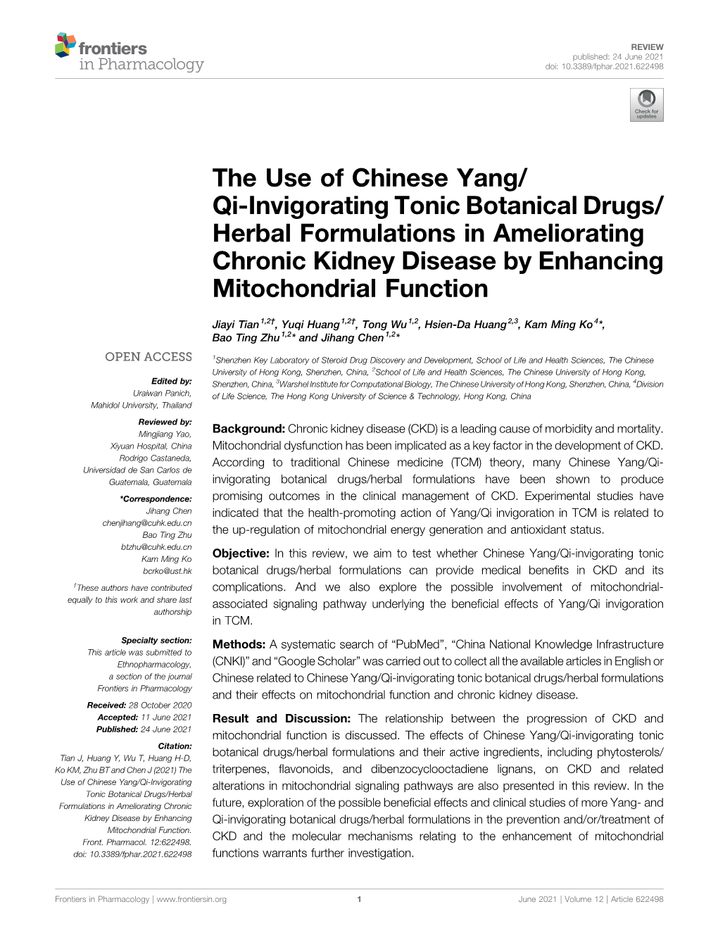 The Use of Chinese Yang/ Qi-Invigorating Tonic Botanical Drugs/ Herbal Formulations in Ameliorating Chronic Kidney Disease by Enhancing Mitochondrial Function