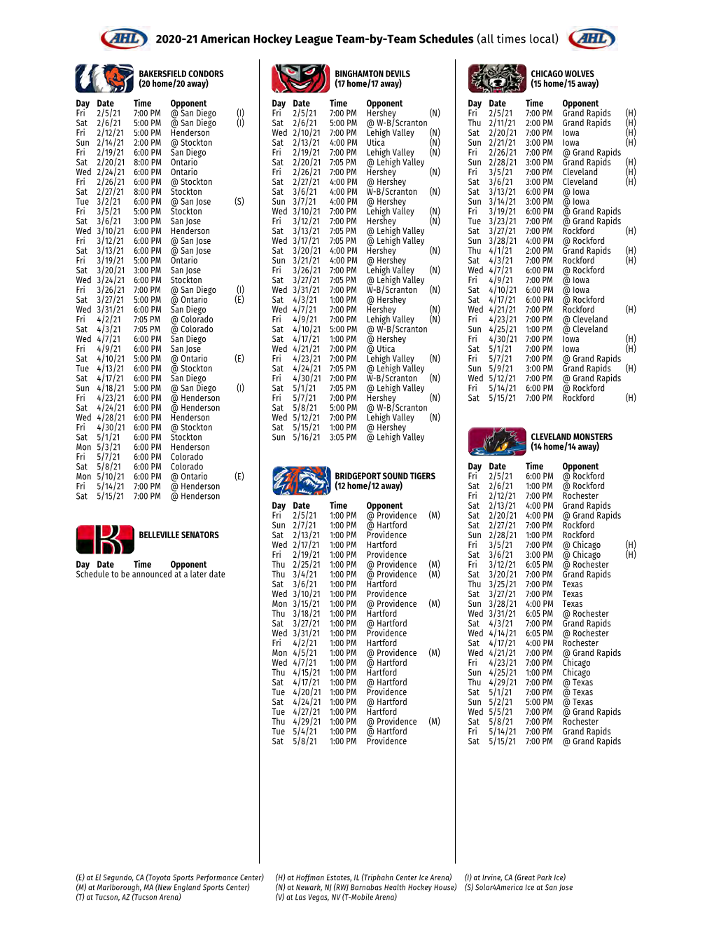 2020-21 American Hockey League Team-By-Team Schedules (All Times Local)