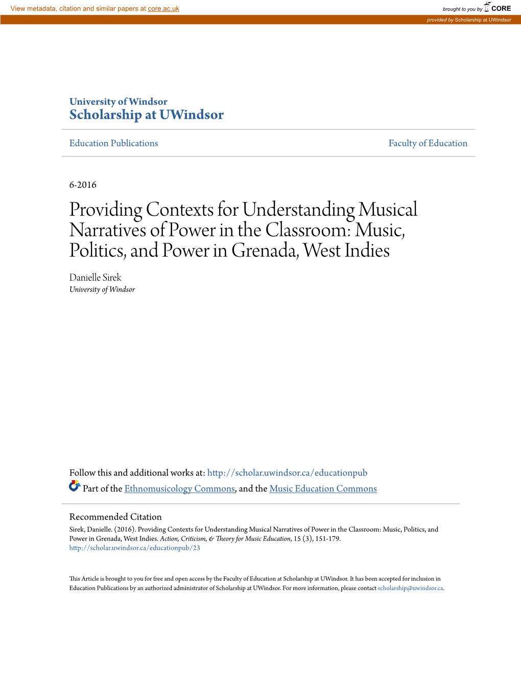 Music, Politics, and Power in Grenada, West Indies Danielle Sirek University of Windsor