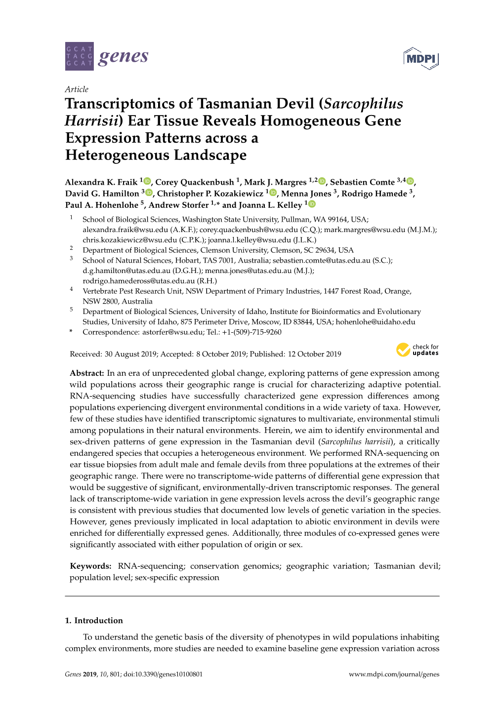 Transcriptomics of Tasmanian Devil (Sarcophilus Harrisii) Ear Tissue Reveals Homogeneous Gene Expression Patterns Across a Heterogeneous Landscape