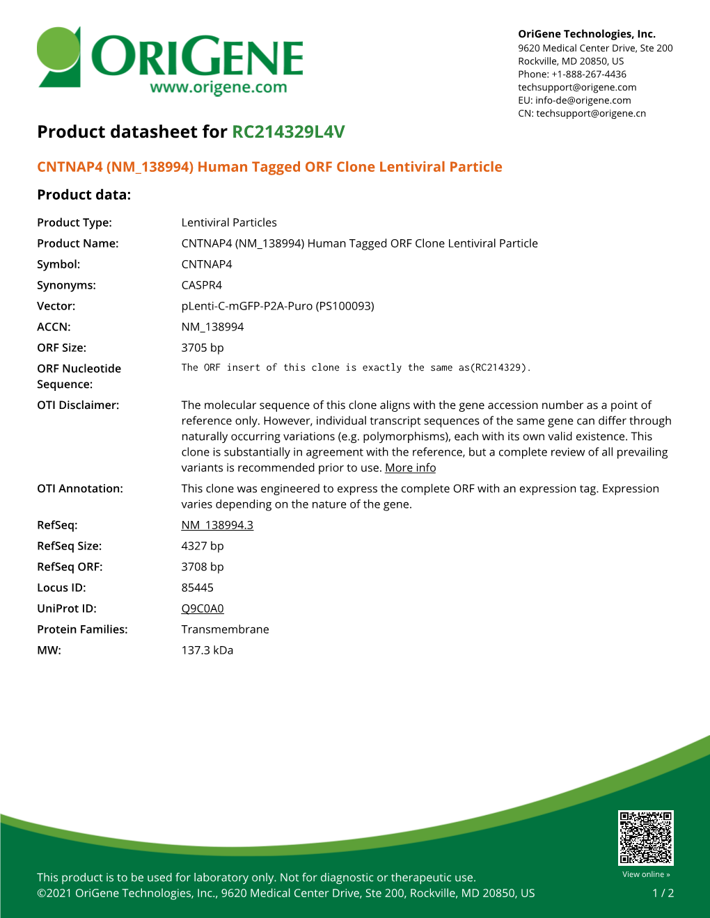 CNTNAP4 (NM 138994) Human Tagged ORF Clone Lentiviral Particle Product Data