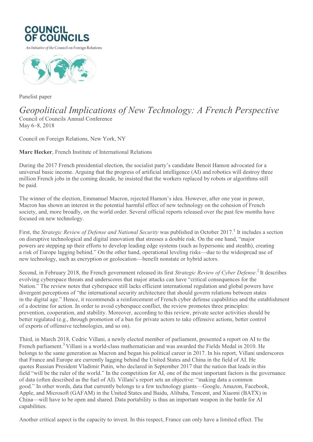 Geopolitical Implications of New Technology: a French Perspective Council of Councils Annual Conference May 6–8, 2018