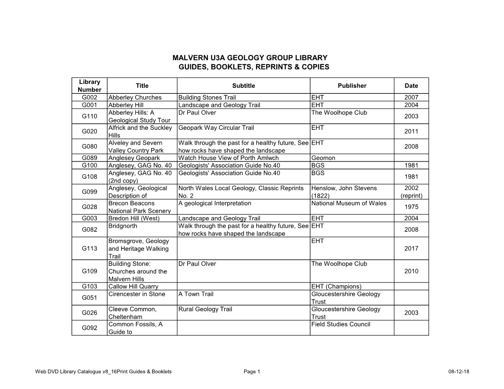 Malvern U3a Geology Group Library Guides, Booklets, Reprints & Copies