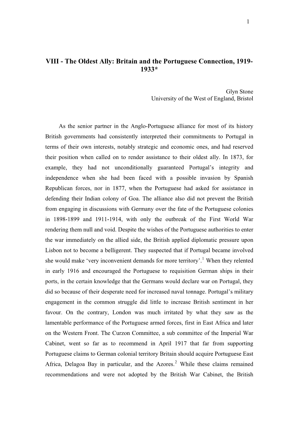 The Oldest Ally: Britain and the Portuguese Connection, 1919-1933