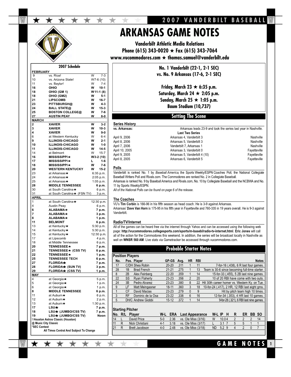 ARKANSAS GAME NOTES Vanderbilt Athletic Media Relations Phone (615) 343-0020 ★ Fax (615) 343-7064 ★ Thomas.Samuel@Vanderbilt.Edu