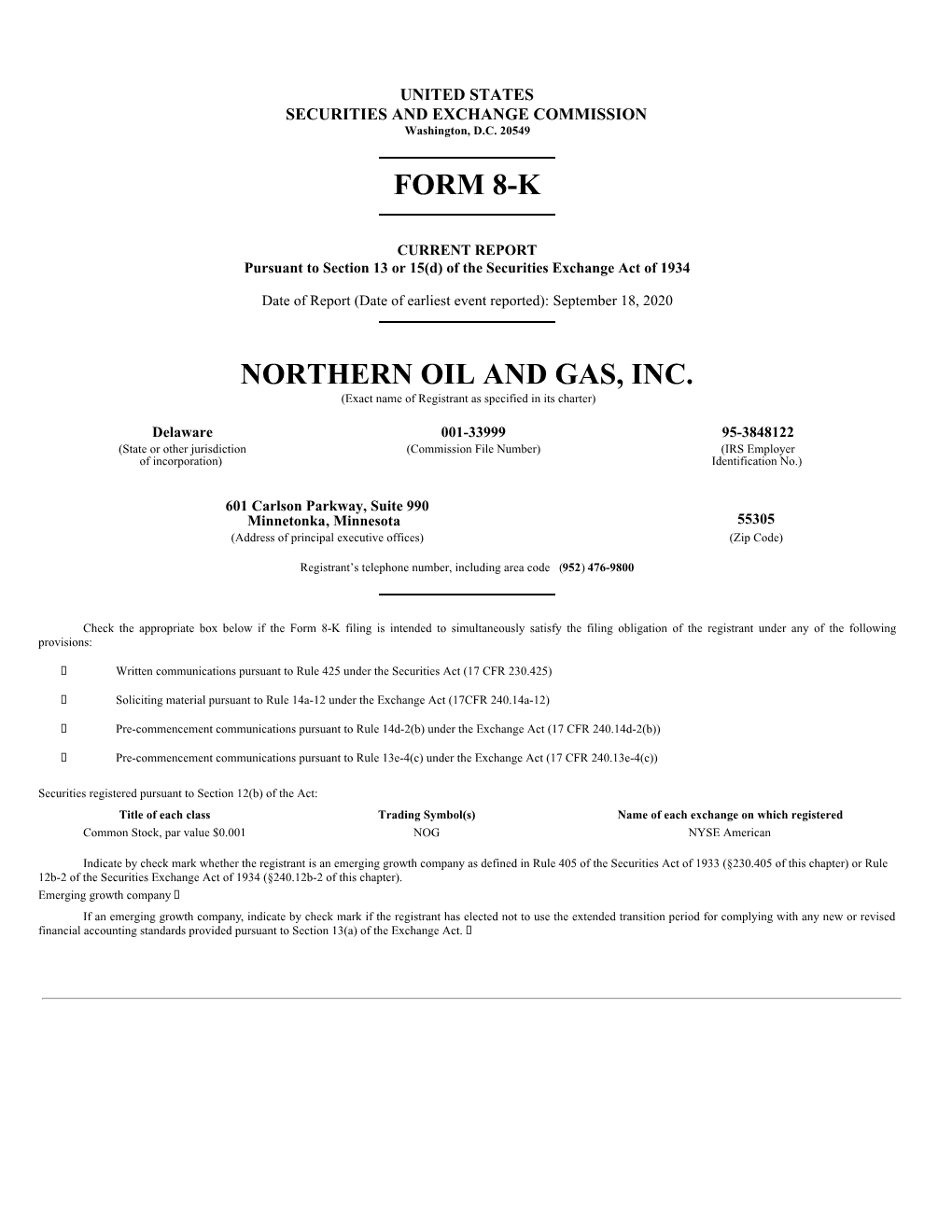 Form 8-K Northern Oil and Gas, Inc