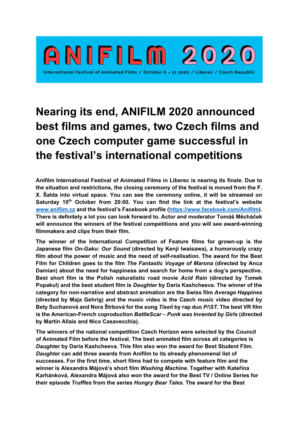 Anifilm 2020, Final Report