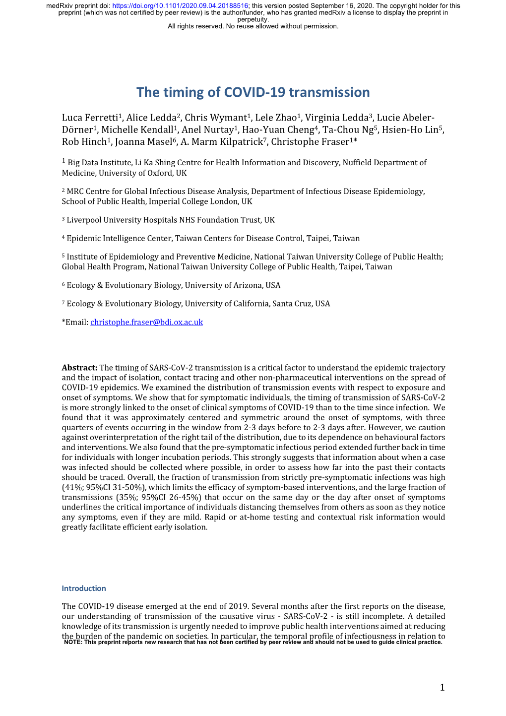 The Timing of COVID-19 Transmission