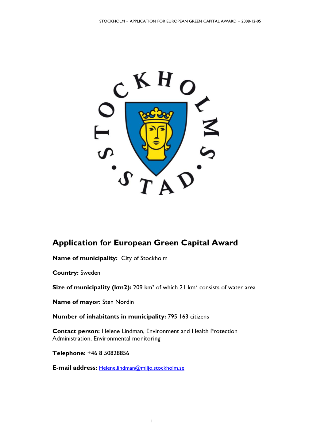 Application for European Green Capital Award - 2008-12-05