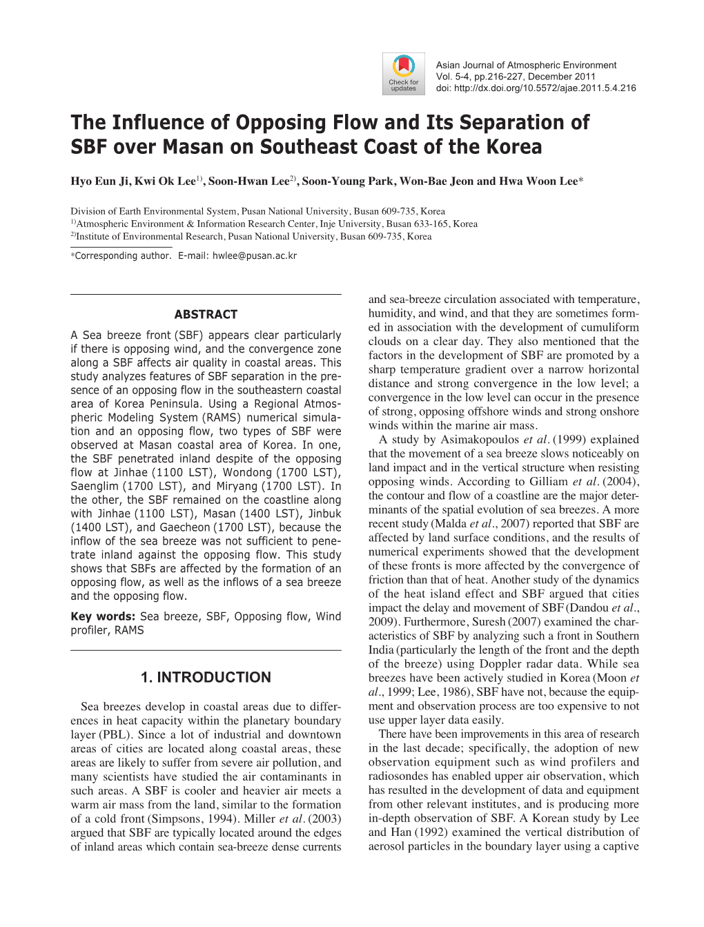 The Influence of Opposing Flow and Its Separation of SBF Over Masan on Southeast Coast of the Korea