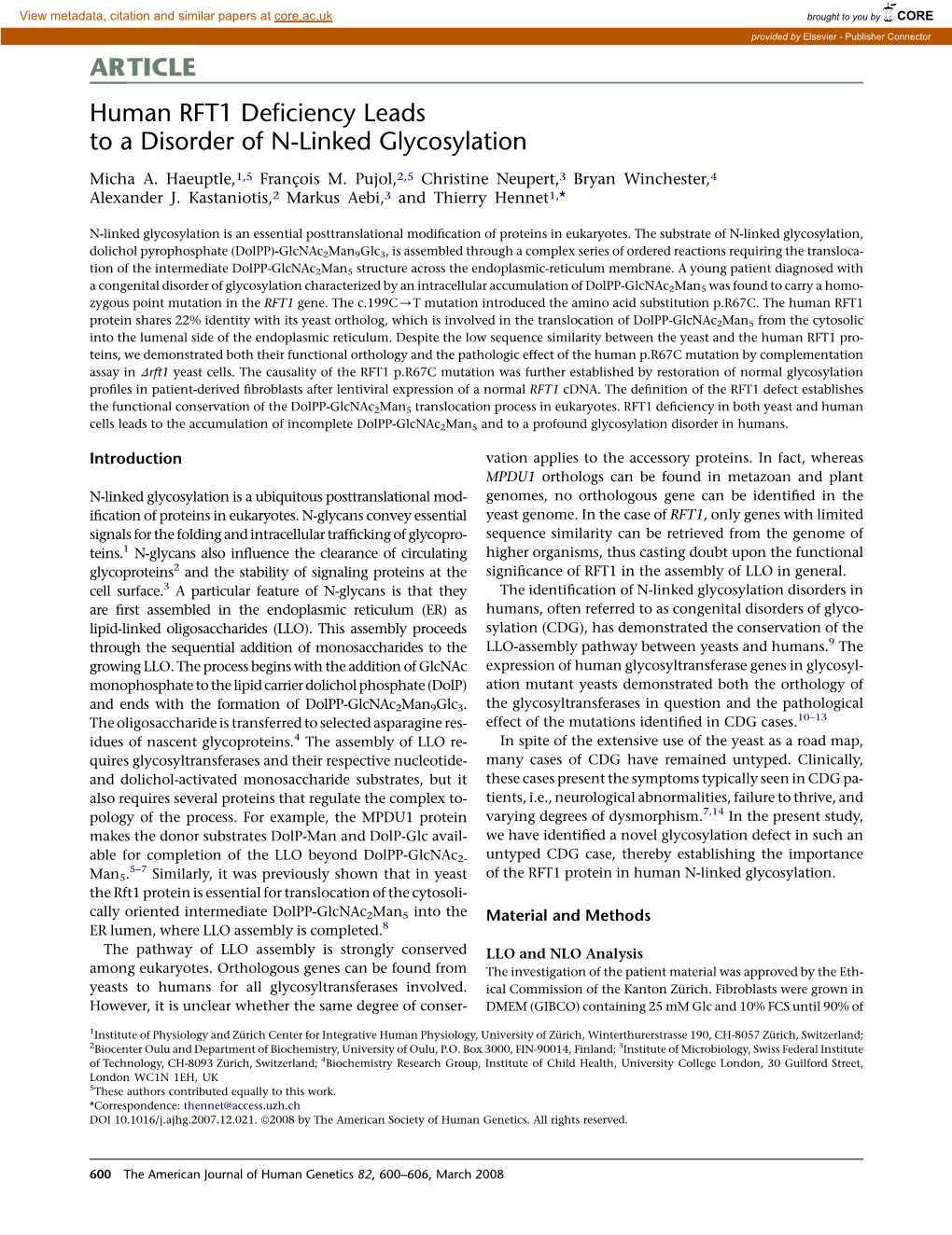 ARTICLE Human RFT1 Deficiency Leads to a Disorder of N-Linked