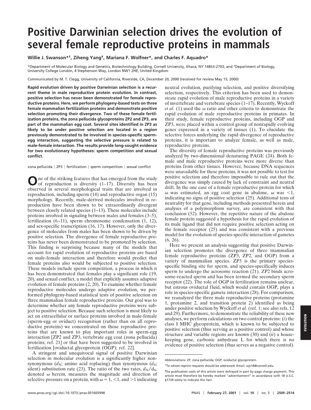 Positive Darwinian Selection Drives the Evolution of Several Female Reproductive Proteins in Mammals