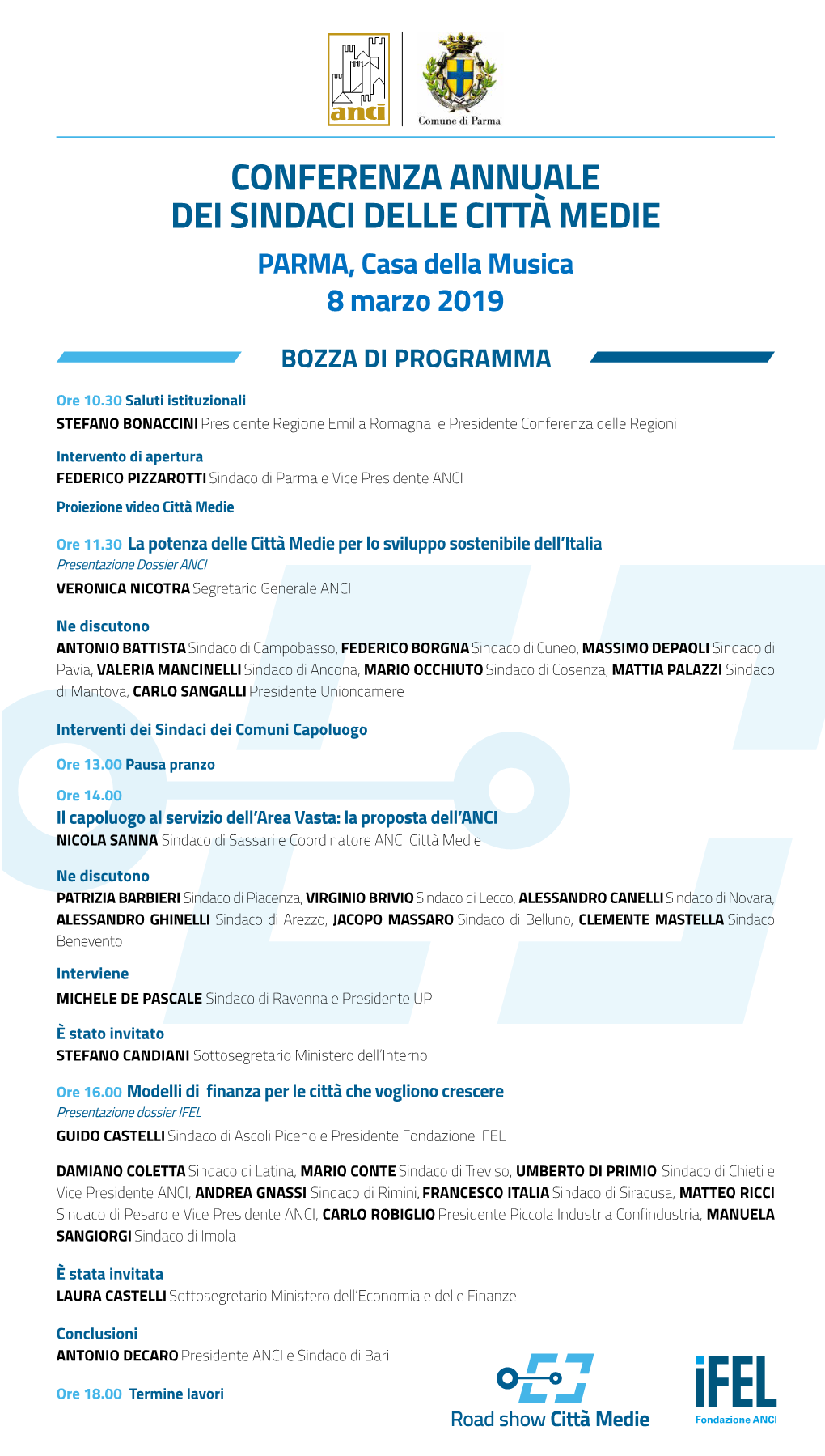 CONFERENZA ANNUALE DEI SINDACI DELLE CITTÀ MEDIE PARMA, Casa Della Musica 8 Marzo 2019