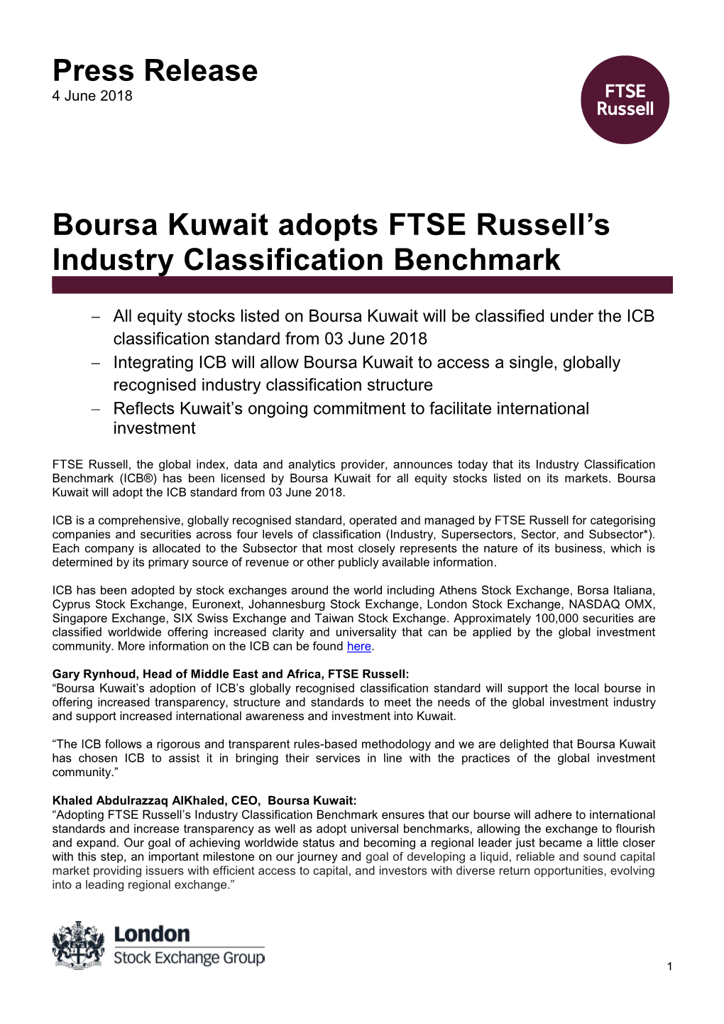 Boursa Kuwait Adopts FTSE Russell's Industry Classification Benchmark