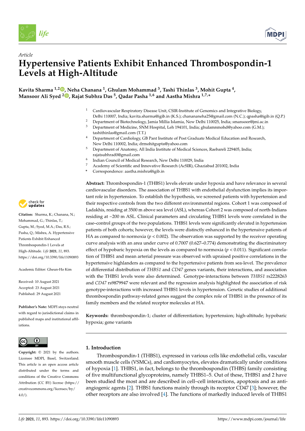 Hypertensive Patients Exhibit Enhanced Thrombospondin-1 Levels at High-Altitude