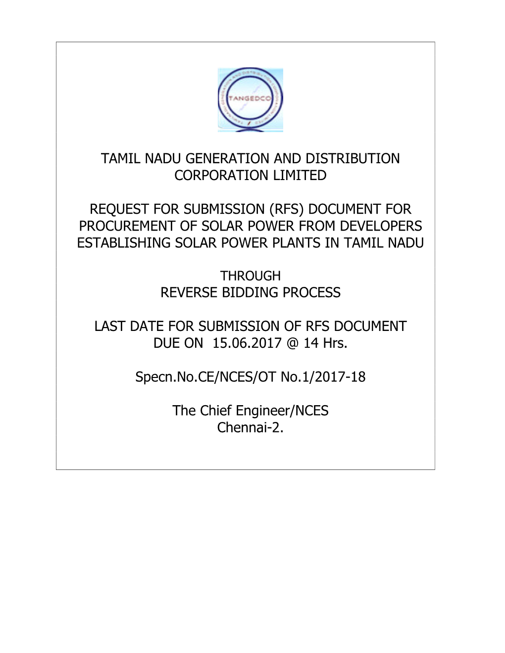 (Rfs) Document for Procurement of Solar Power from Developers Establishing Solar Power Plants in Tamil Nadu